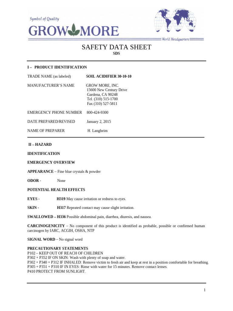Soil Acidifier 30-10-10 Safety Data Sheet | PDF | Toxicity | Water