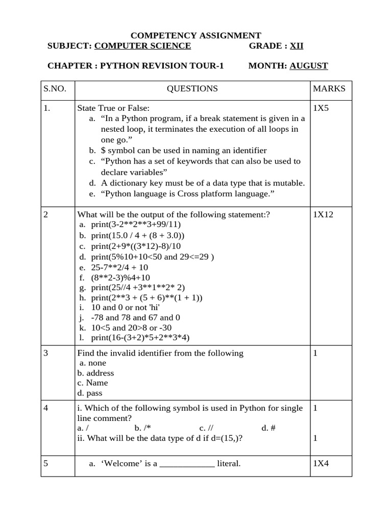 Python Revision Assignment for Grade XII | PDF | Control Flow ...