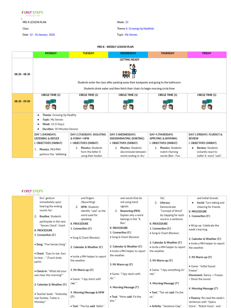 Pre-K Weekly Lesson Plan: My Senses | PDF | Phonics