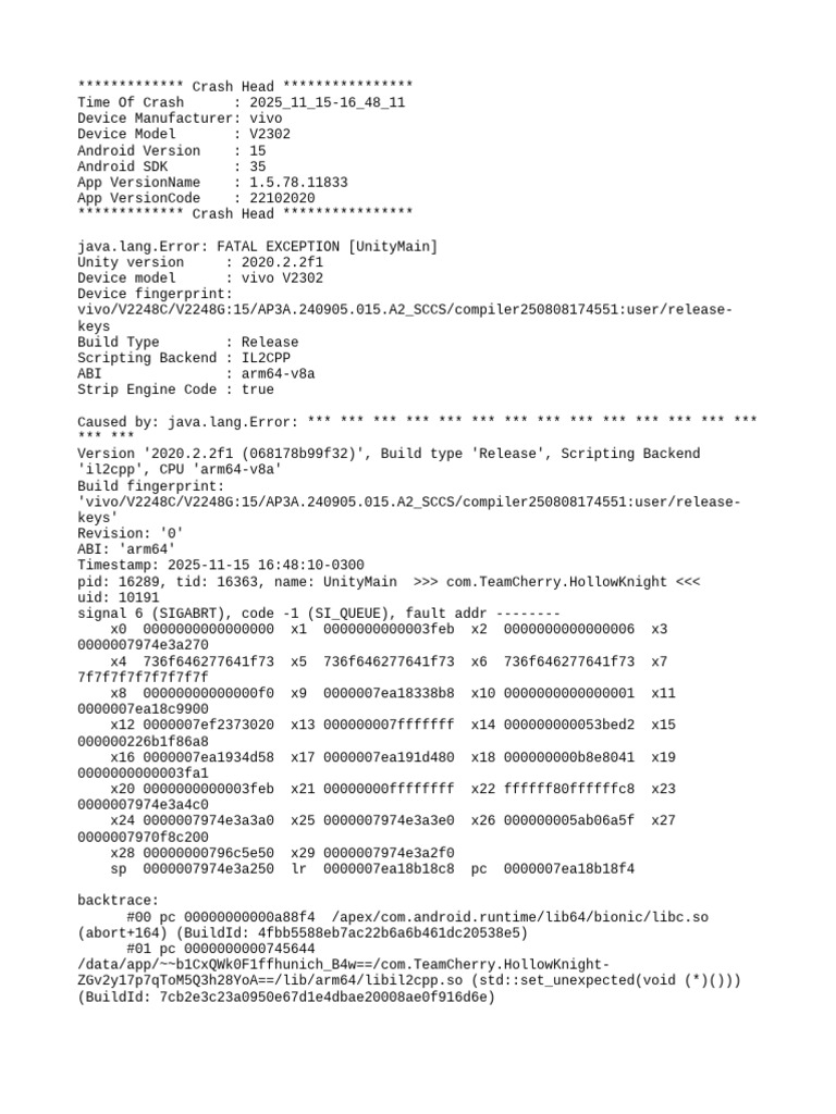 Vivo V2302 Crash Report for Unity App | PDF | Tablet Computer | System ...