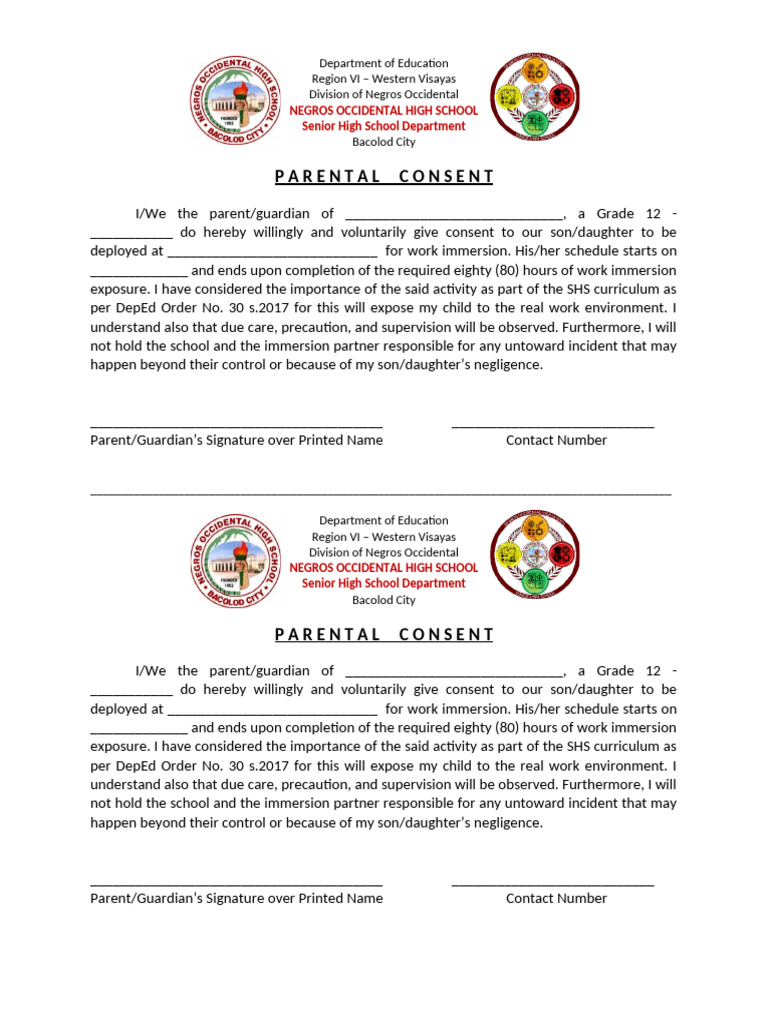 Parental Consent for Work Immersion | PDF | Social Institutions | Human ...