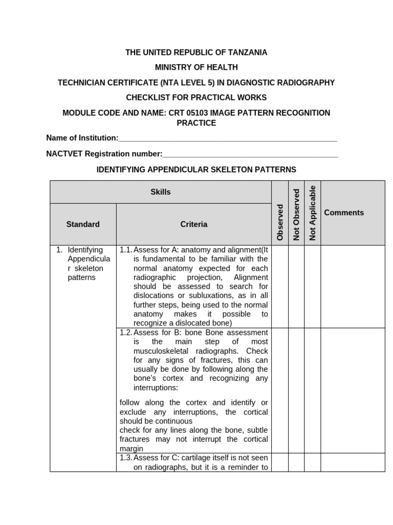 Diagnostic Radiography Practical Checklist | PDF | Bone | Radiography