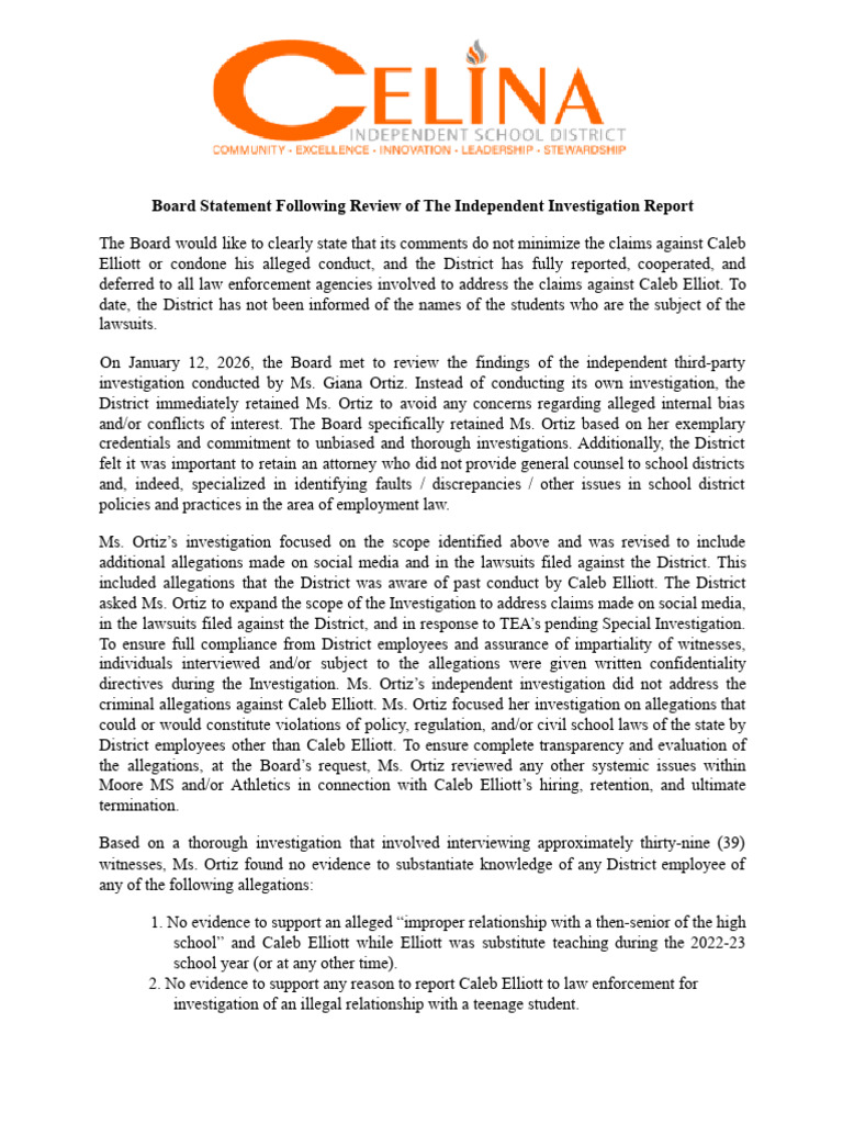 Celina ISD Board Statement on Investigation Findings | PDF | Child ...