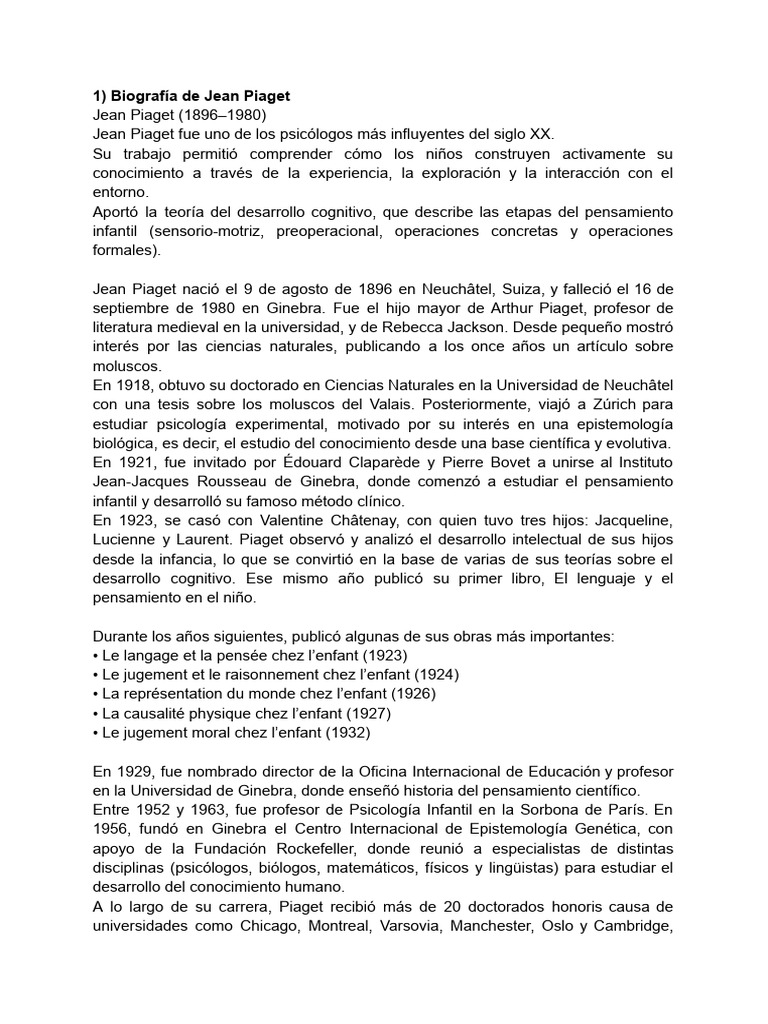 Biografía y legado de Jean Piaget | PDF | Sicología | Desarrollo cognitivo