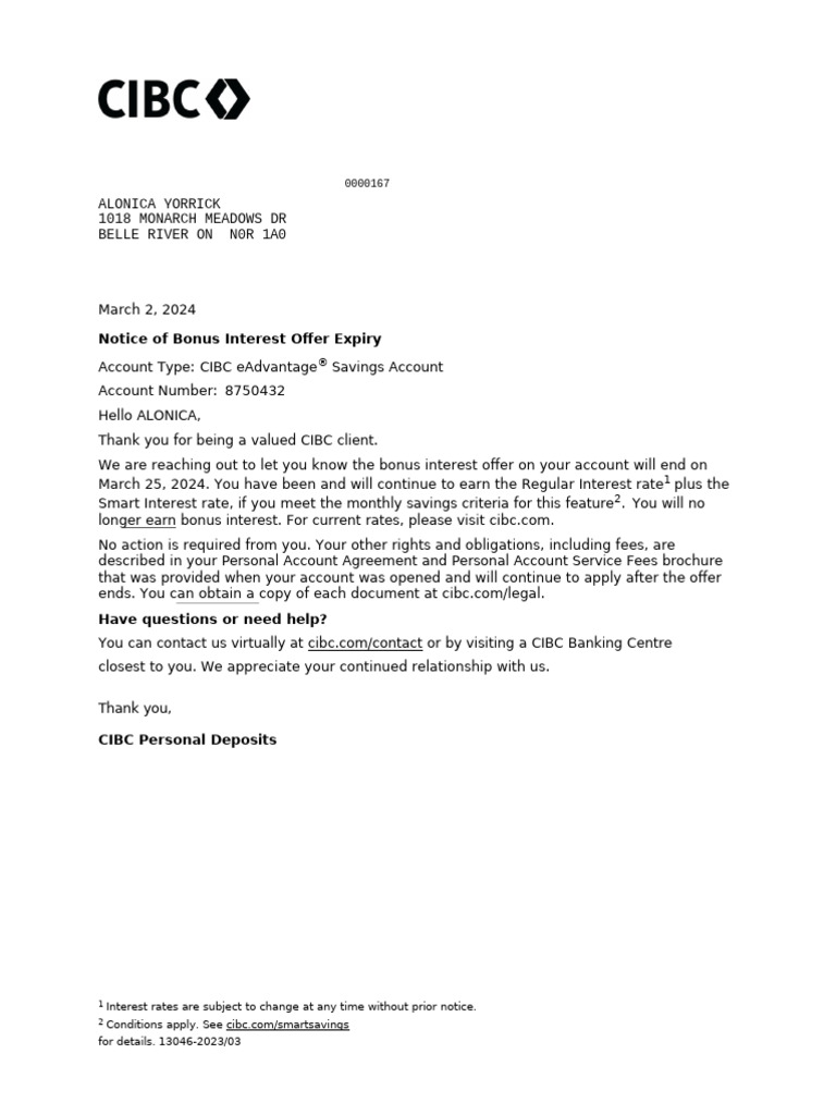 CIBC Savings Account Bonus Interest Offer Expiry Notification Letter | PDF