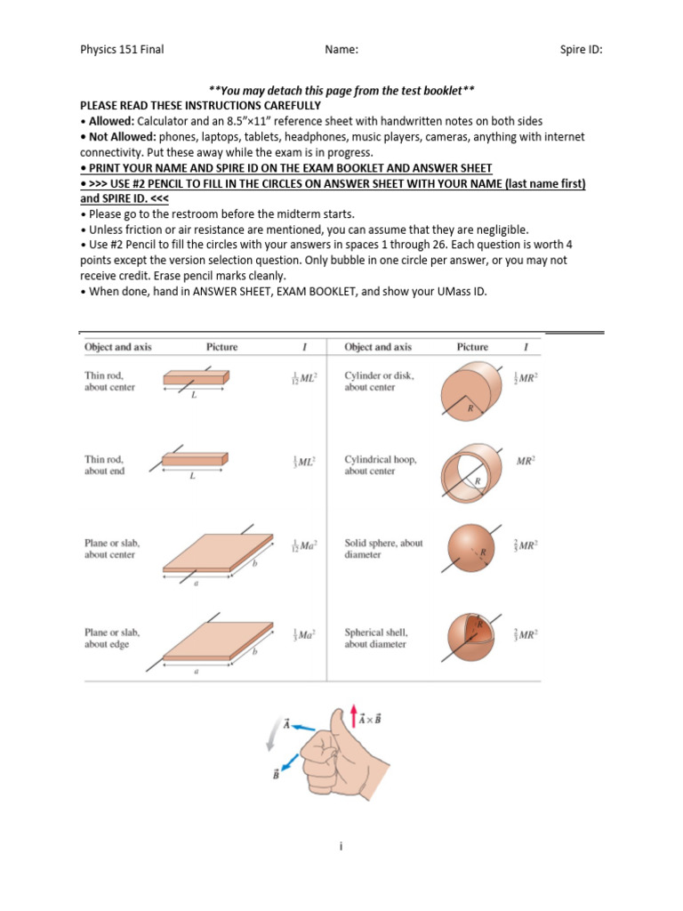 Physics 151 Final Exam Instructions | PDF | Torque | Force