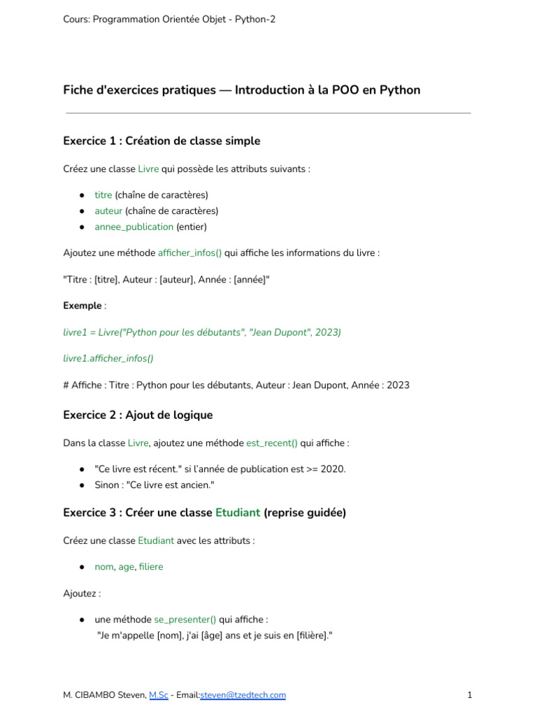 Exercices POO en Python pour débutants | PDF