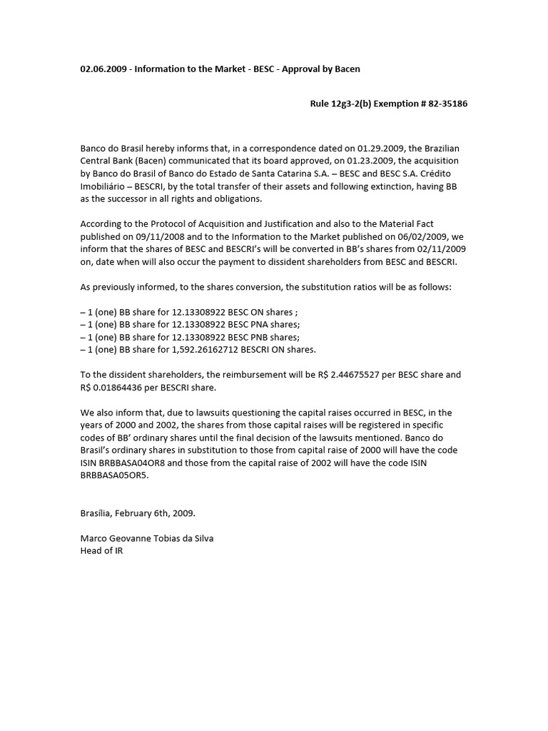 02.06.2009 Information to the Market Besc Approval by Bacen | PDF