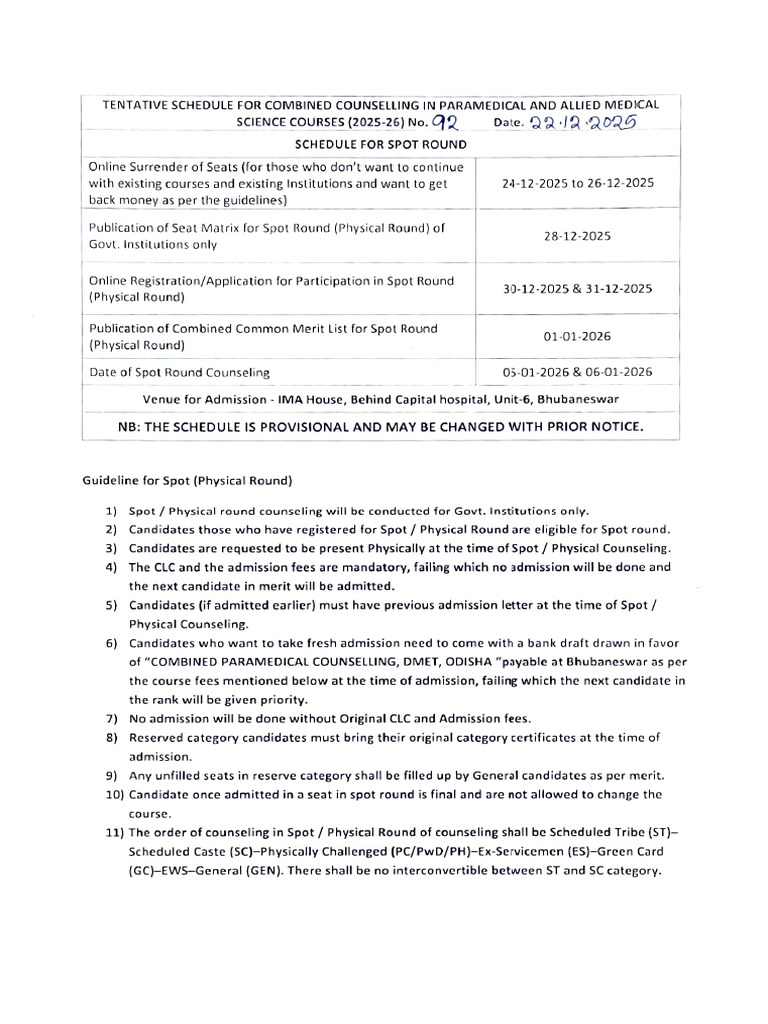 Paramedical Admission Schedule for Spot Round 2025 | PDF | Vocational ...