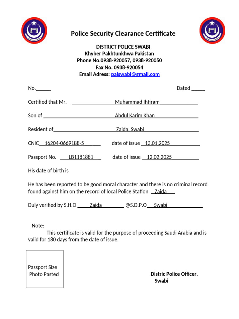 Police Security Clearance Certificate | PDF