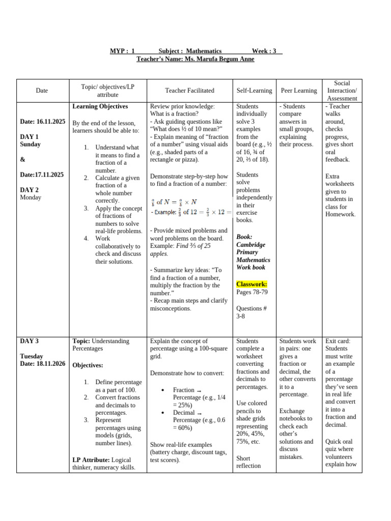 Mathematics Lesson Plan: Fractions & Percentages | PDF | Mathematics ...
