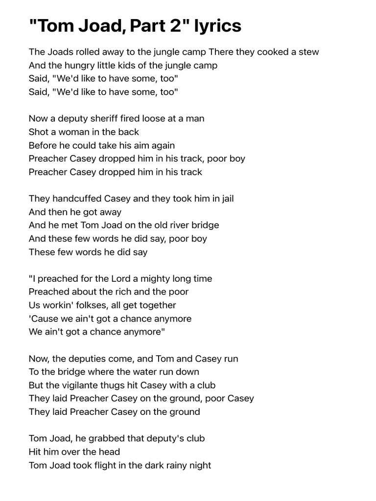 Woody Guthrie - Tom Joad, Part 2 Lyrics | AZLyrics.com | PDF
