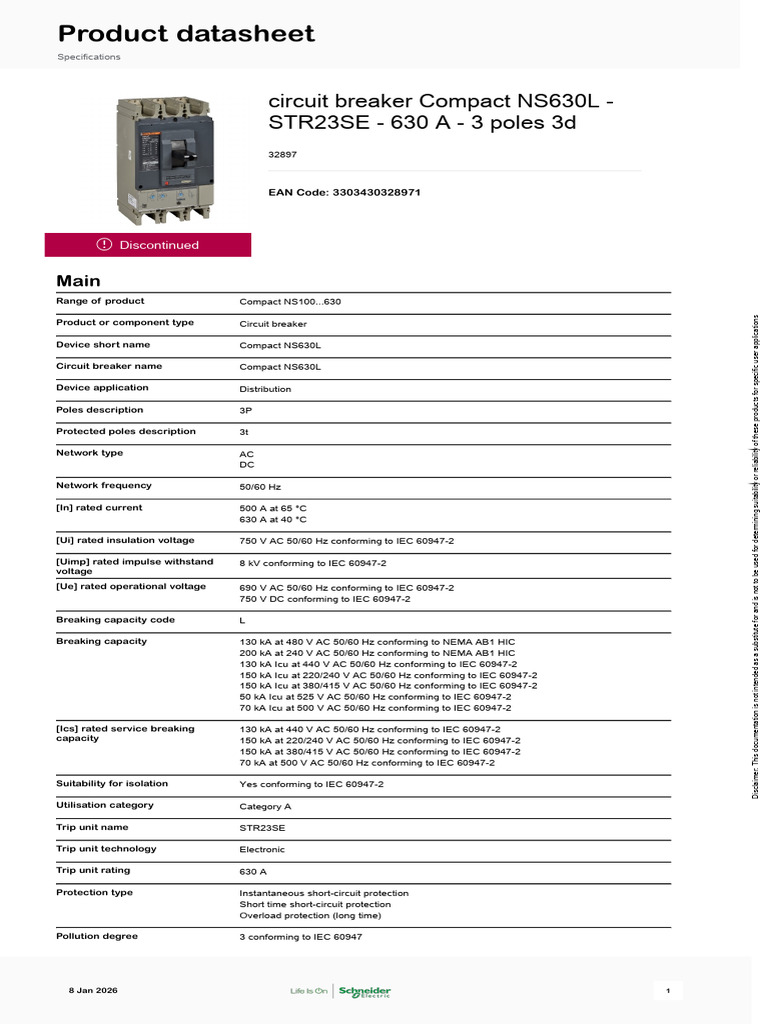 Compact NS630L Circuit Breaker Specs | PDF | Alternating Current | Voltage