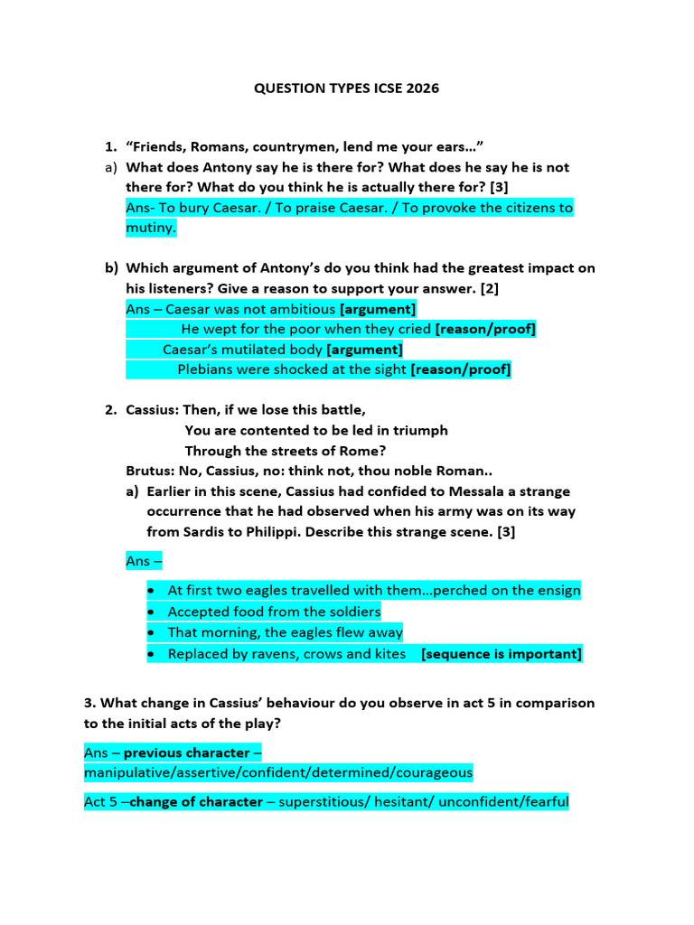 ICSE 2026 Question Types Overview | PDF | Self Esteem | Mark Antony