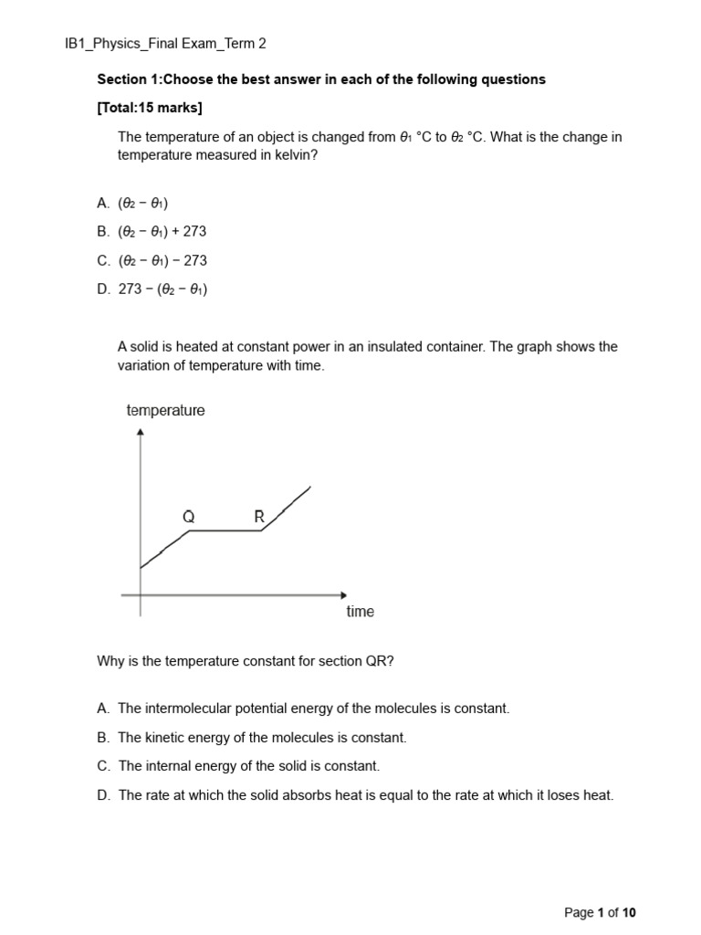 IB1 Physics Final Exam Term 2 | PDF | Gases | Temperature