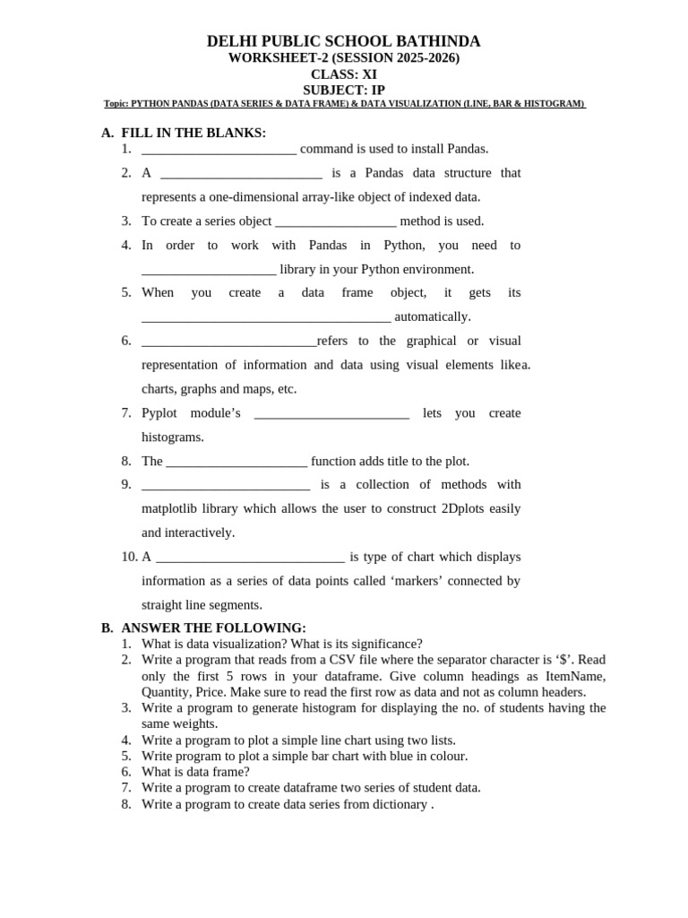 Python Pandas Worksheet for Class XI | PDF