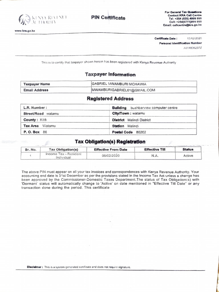 KRA Tax Registration Certificate for Individuals | PDF | United States ...