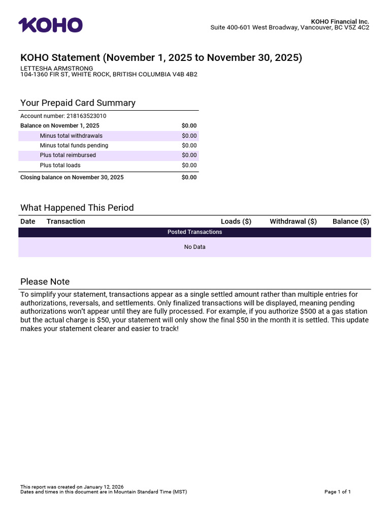 KOHO Prepaid Card Statement Summary | PDF