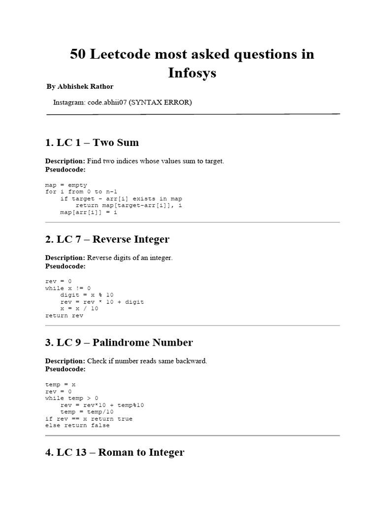 Top 50 Leetcode Questions for Infosys | PDF | Computer Programming ...