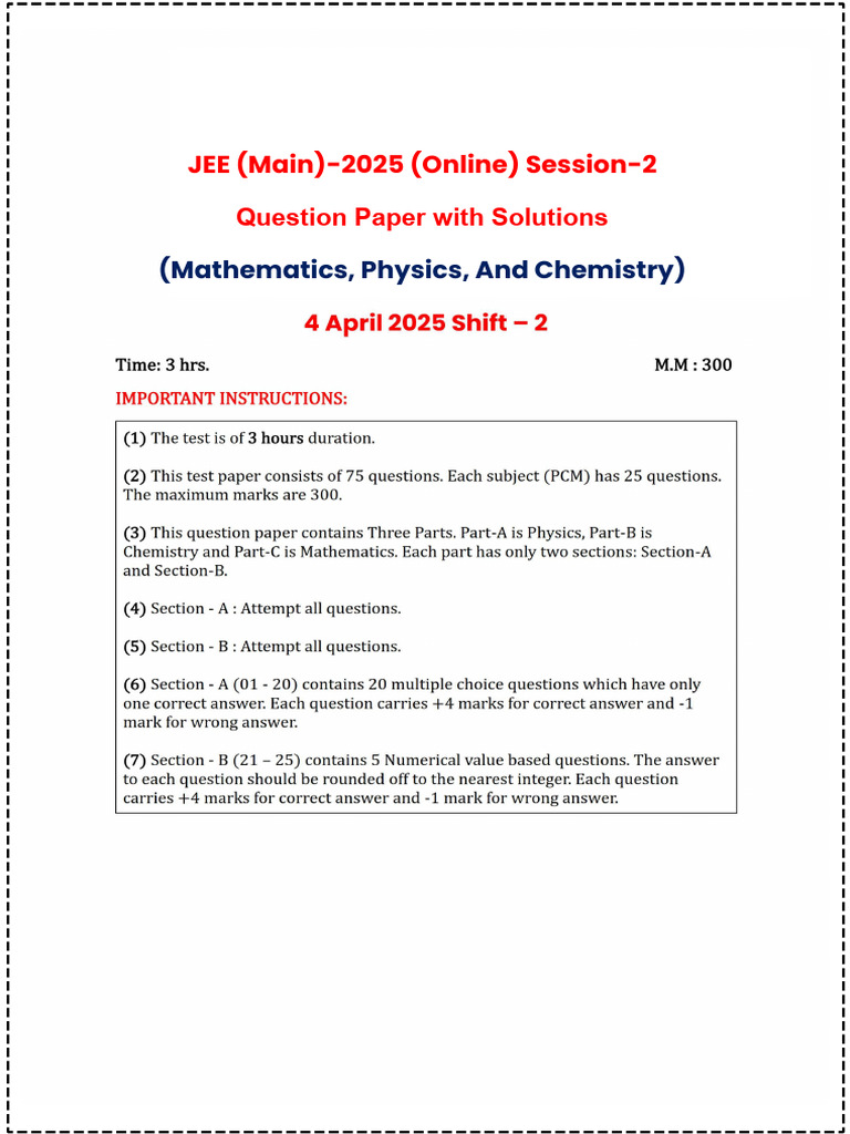 JEE Mains Question Paper 04 April 2025 Evening Shift – PDF With ...