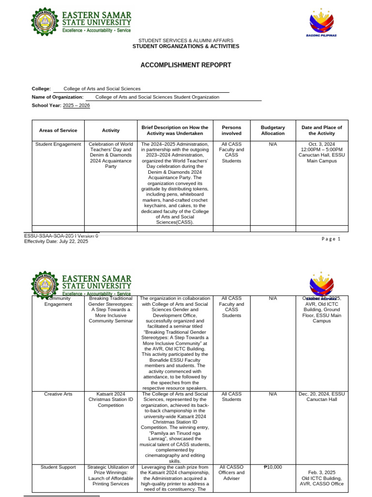CASS Student Organization Accomplishments 2025 | PDF