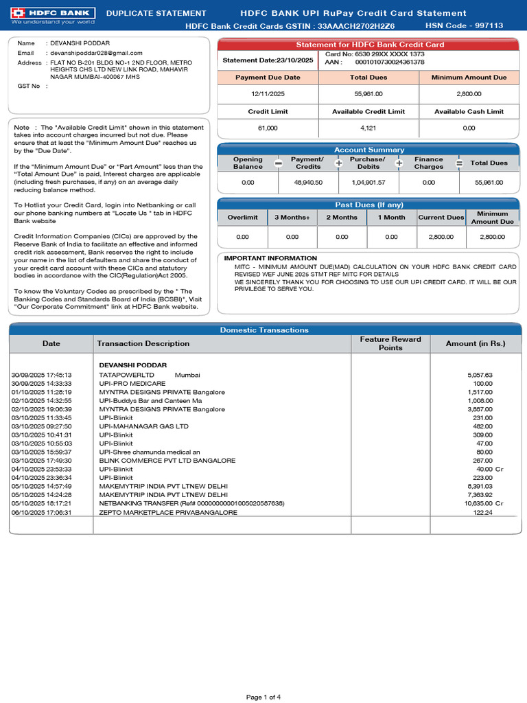 HDFC Bank Credit Card Statement Overview | PDF | Credit Card | Banks