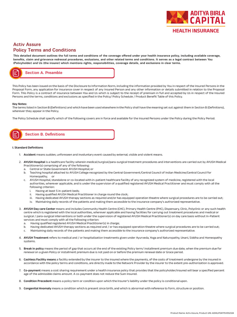 Activ Assure Health Insurance Policy Terms | PDF | Insurance | Vaccines