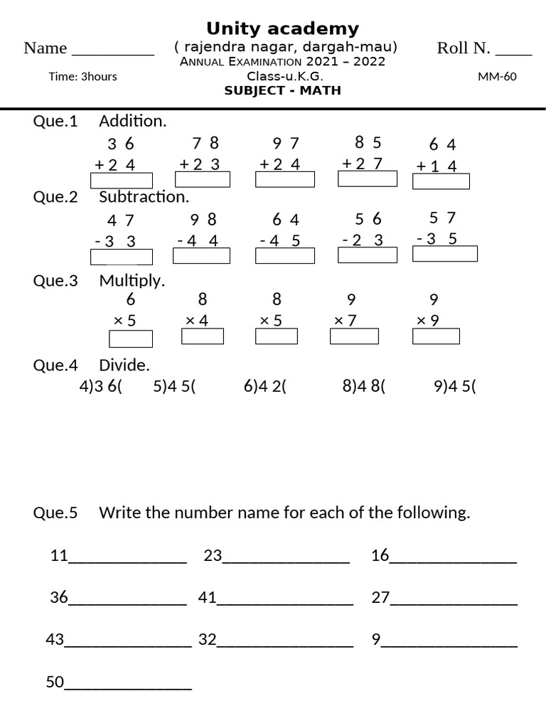 U.K.G. Math Annual Exam 2021-2022 | PDF