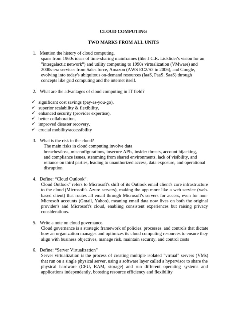 CLOUD COMPUTING 2 MARKS FROM ALL UNITS | PDF | Cloud Computing ...