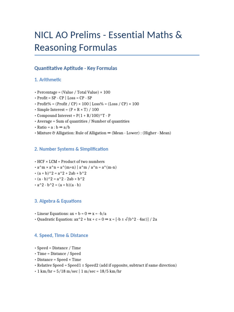 NICL AO Prelims Maths & Reasoning Formulas | PDF