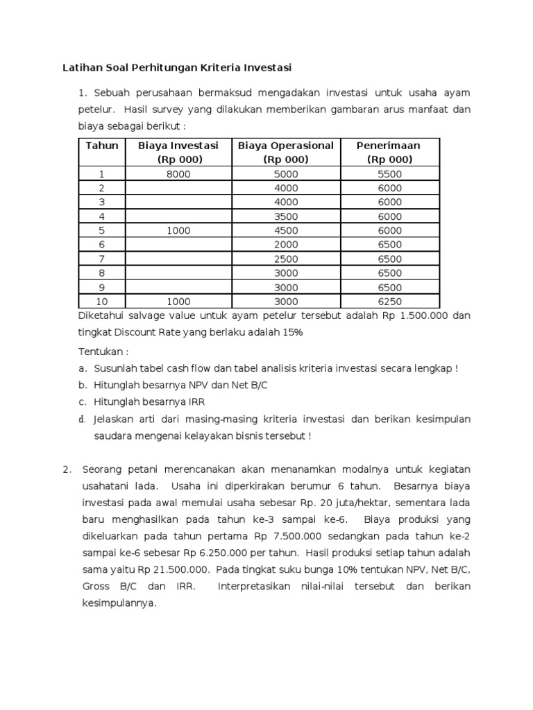 106 Contoh Soal Dan Jawaban Analisis Kriteria Investasi Lengkap Dikdasmen
