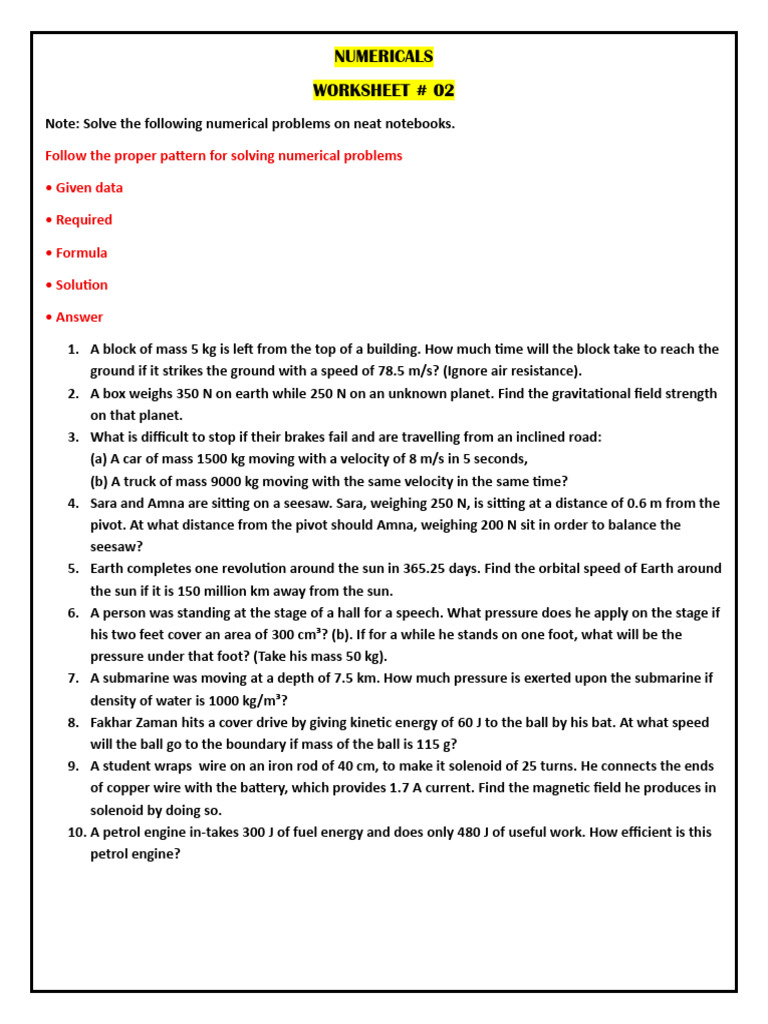 Numerical Problems Worksheet 02 | PDF