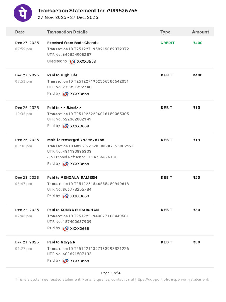 Transaction Statement for 7989526765 | PDF | Debit Card | Business