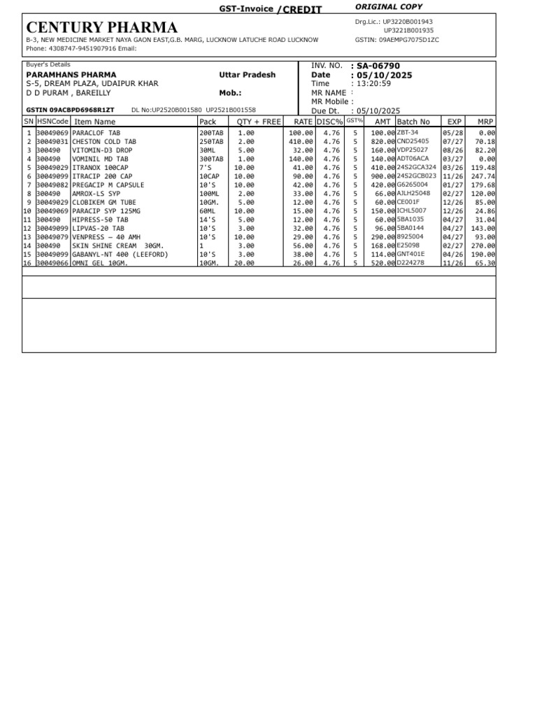 Century Pharma Invoice SA-06790 | PDF | Payments | Money
