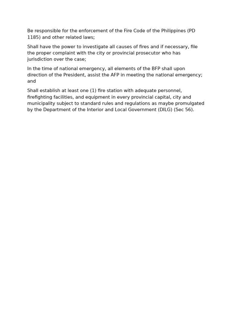 Be Responsible for the Enforcement of the Fire Code of the Philippines ...