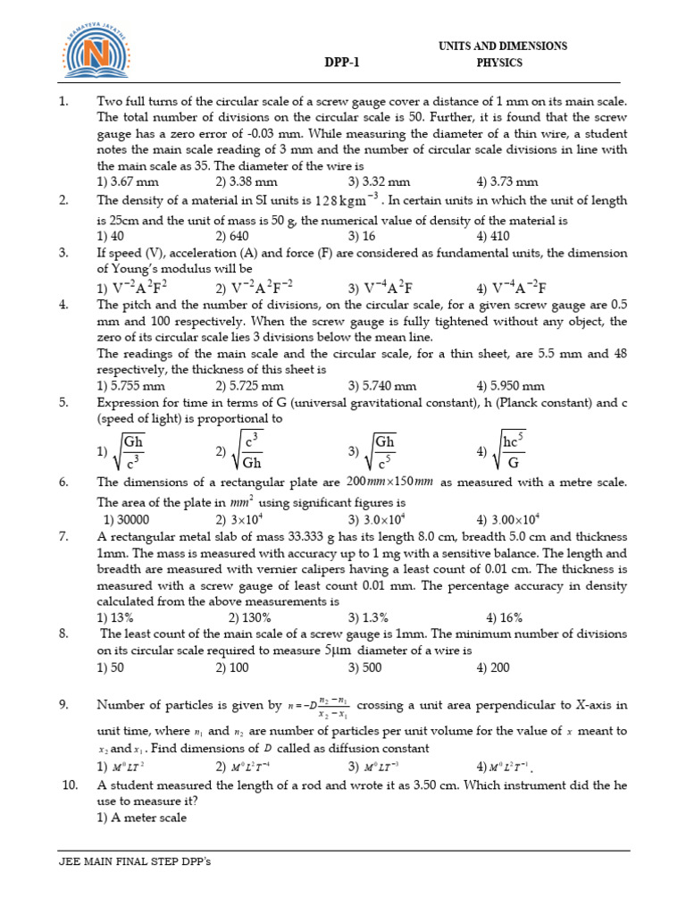 Physics DPP: Units and Dimensions Guide | PDF | Force | Acceleration