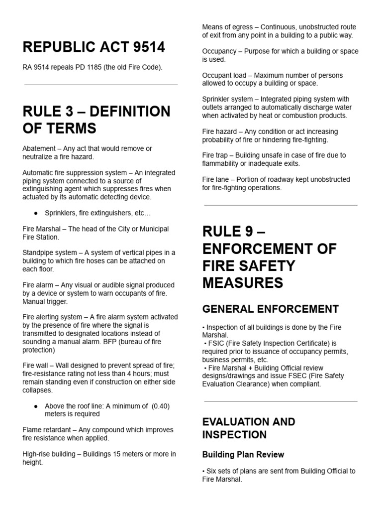 Fire Safety Code Overview: RA 9514 | PDF | Fire Safety | Fire Sprinkler ...