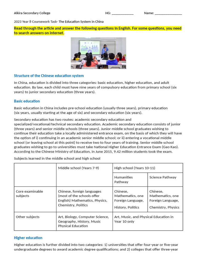 Overview of China's Education System | PDF | Middle Schools | Academic ...