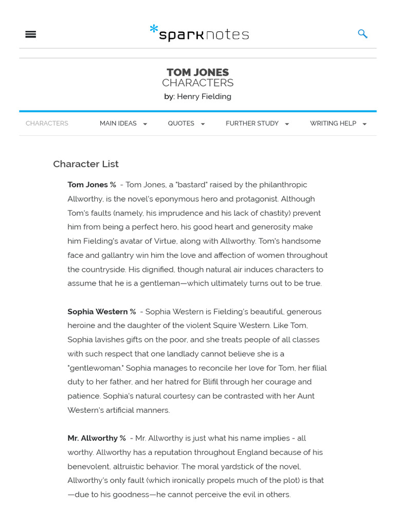 Tom Jones Character Analysis Guide | PDF | The History Of Tom Jones, A ...
