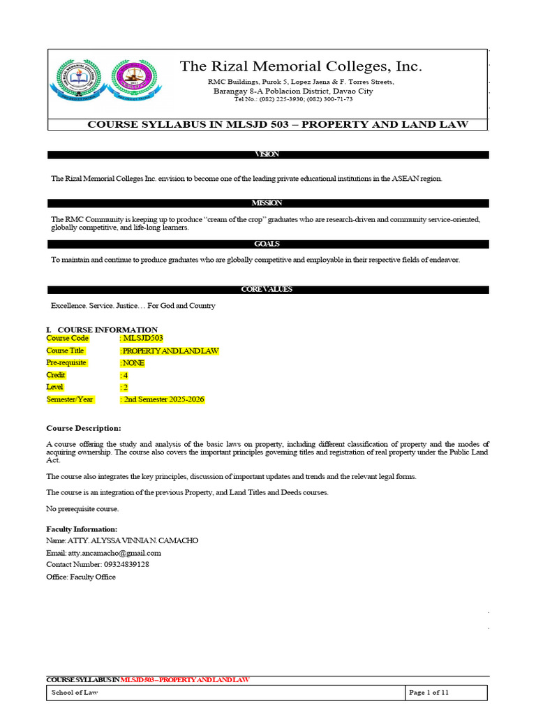 RMC SoL 2C Property and Land Law Syllabus | PDF