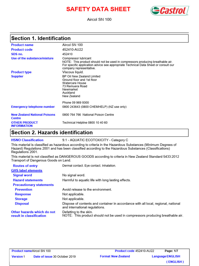 Aircol SN 100 Compressor Lubricant SDS | PDF | Personal Protective ...