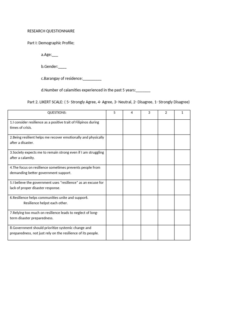 Filipino Resilience Research Questionnaire | PDF