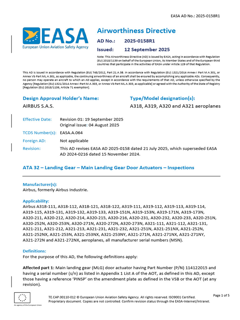 EASA AD 2025-0158R1: Airbus MLG Inspections | PDF | Aircraft | Aviation