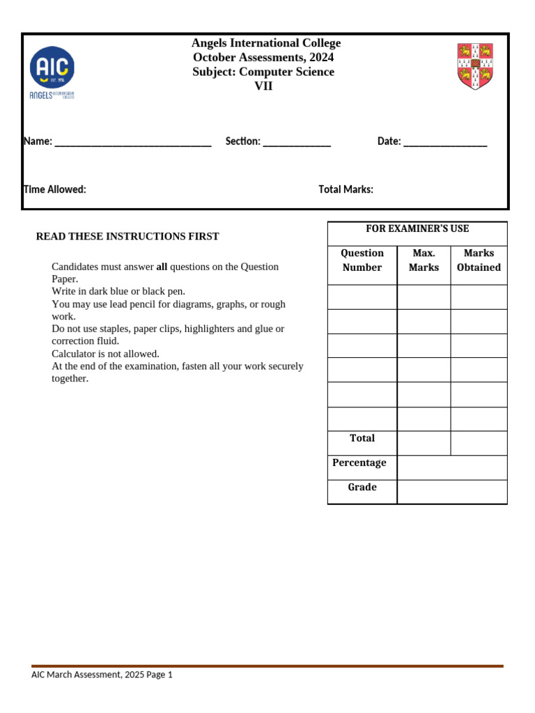 Class 7 Comp March Assessment | PDF | Applied Mathematics