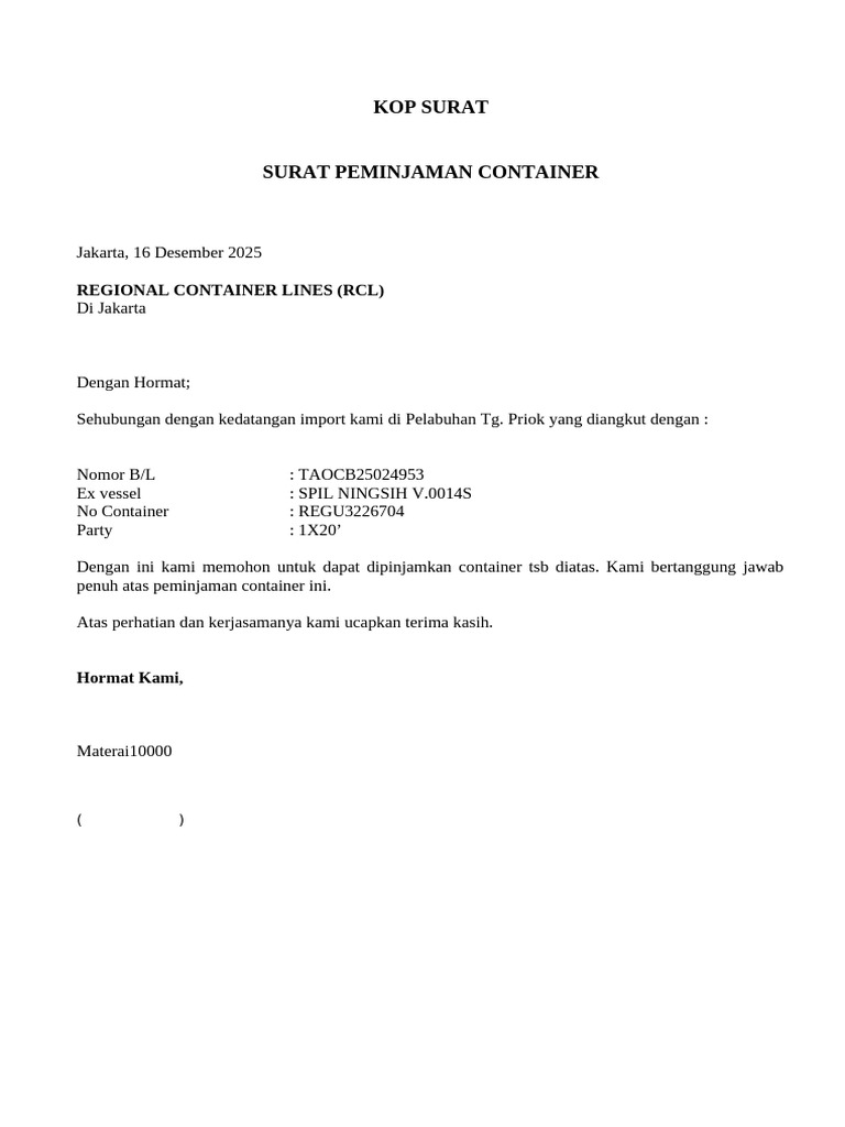 Surat Peminjaman Container RCL Jakarta | PDF
