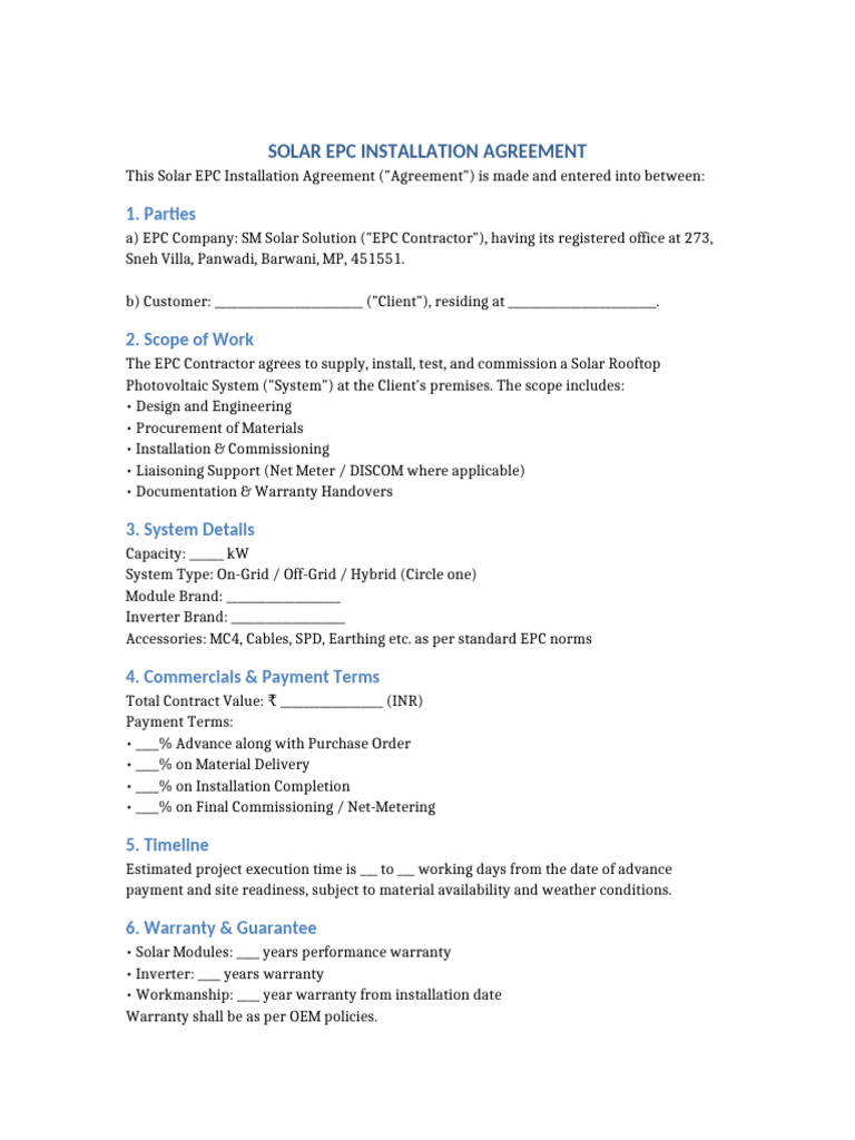 Solar EPC Installation Agreement Template | PDF | Photovoltaic System