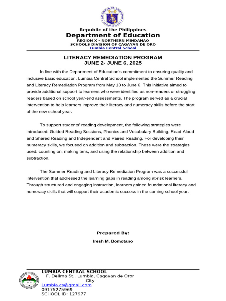 Lumbia Central School Literacy Program | PDF