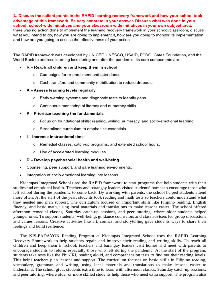 RAPID Learning Recovery in Schools | PDF | Learning | Teachers