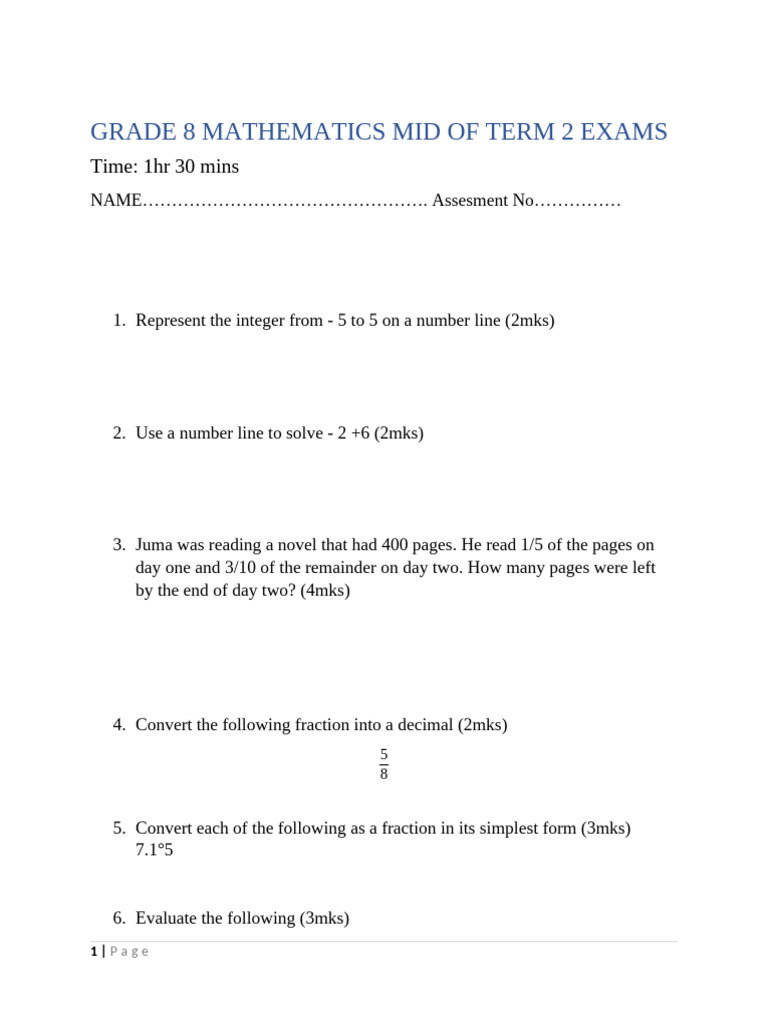 Grade 8 Mid-Term Math Exam Questions | PDF