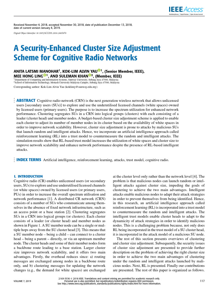 Security in Cognitive Radio Clustering | PDF | Cognitive Radio ...